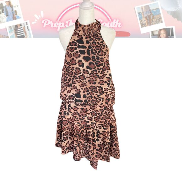 Lulus Leopard Print Halter Mini Dress Sz L - Picture 5 of 7